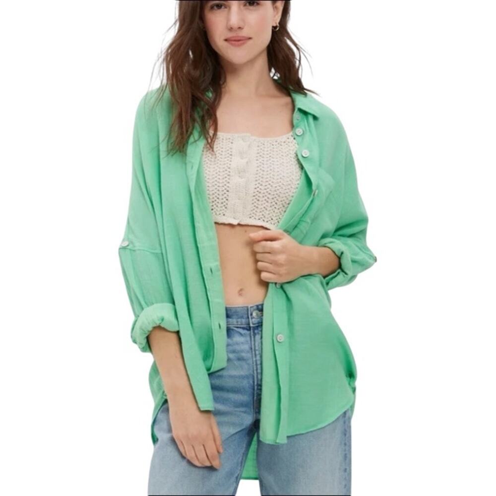 American Eagle Go Big Oversized Button Down Shirt Green Size XL